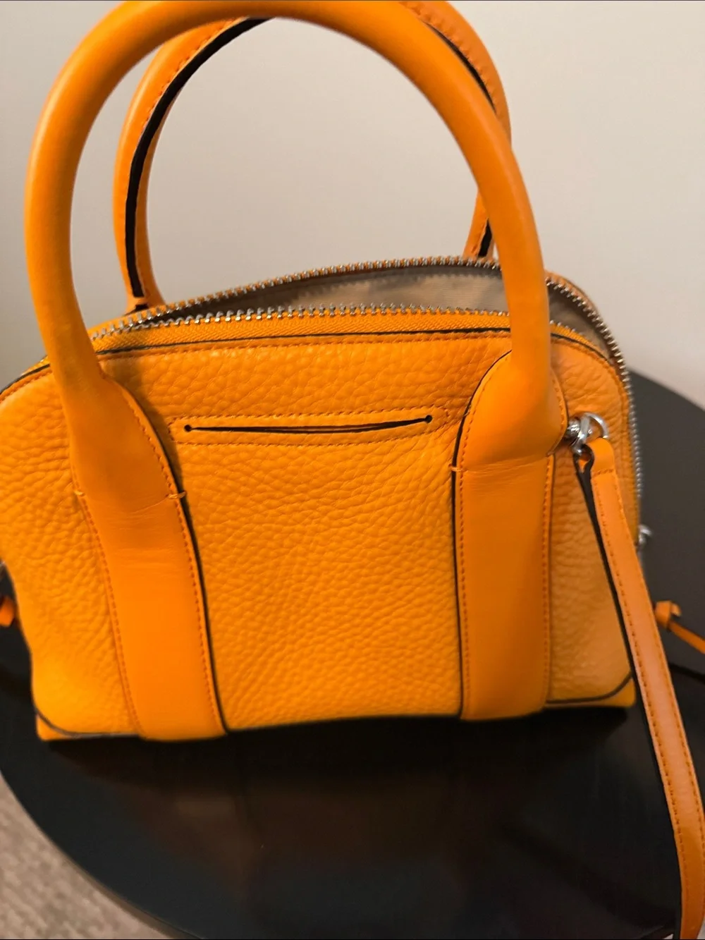 Coach Bleeker Mini. Orange Pebbled Leather Satchel with Detachable Strap